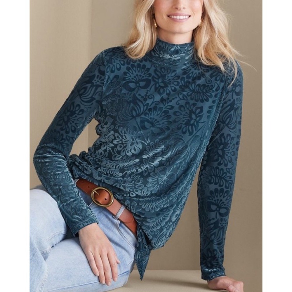 Soft Surroundings Petite M Walden Velvet Turtleneck Top Teal Blue Floral Boho